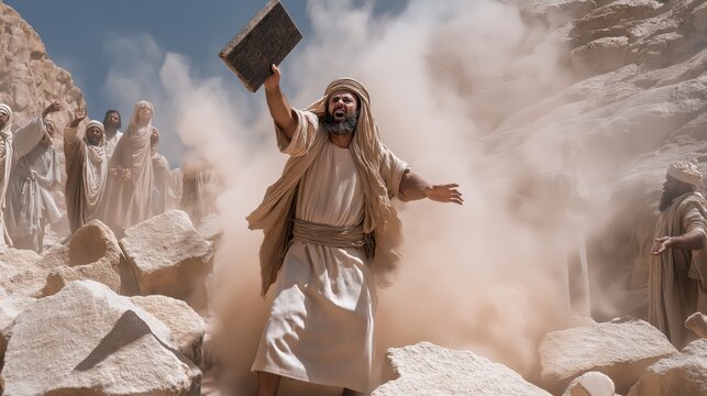 A dramatic action scene of moses shattering the stone tablets as he descends from mount sinai in righteous anger after witnessing the golden calf.