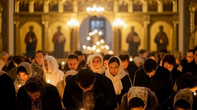 People of different ages holding lit candles in a church for Epiphany. Religious observation with prayer and worship.