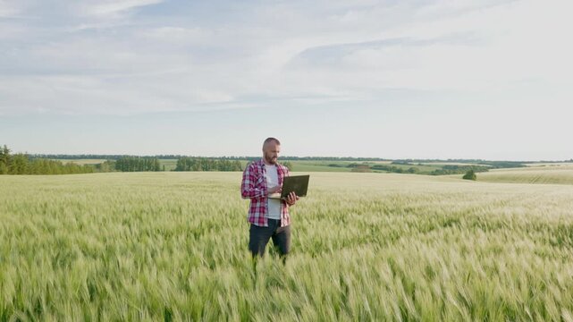 A young male farmer stands in the middle of a vast green wheat field under a blue sky.The agronomist is holding an open laptop to analyze and monitor the crop growth.