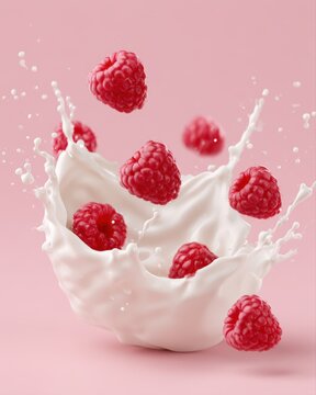 Fresh raspberries exploding through cream splash, romantic dessert atmosphere, ultra realistic droplets