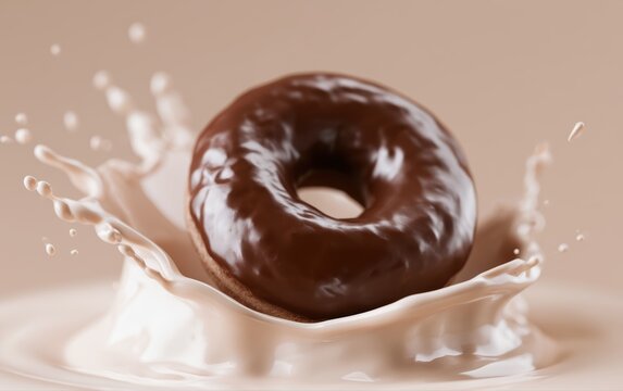 Chocolate donut falling into cream splash, luxury dessert commercial style, soft cinematic shadows, ultra realistic food photography