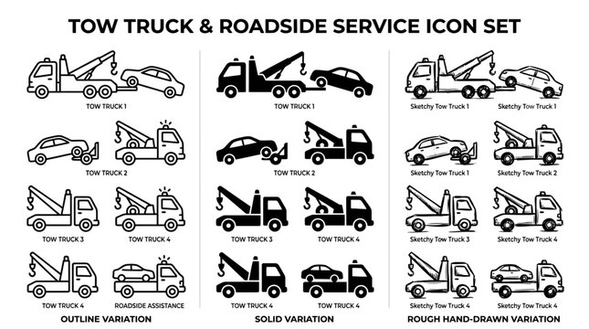 Tow truck and roadside service icon set in outline, solid, and sketch styles