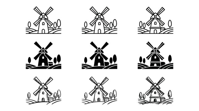 Various windmill silhouette designs with natural landscapes