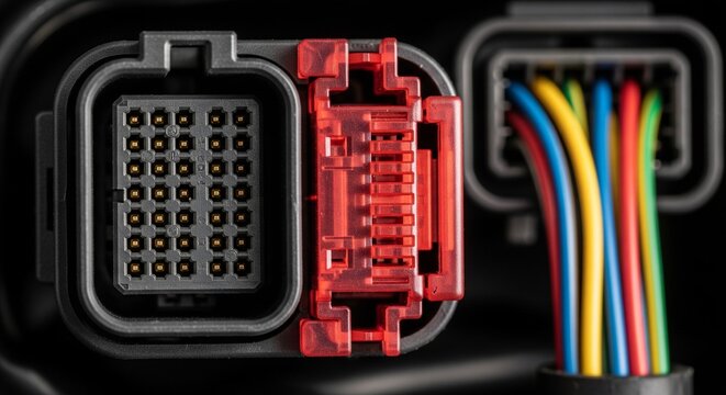 An extreme close-up view of a high-density black plastic auto connector with a red locking mechanism