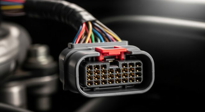 A close-up, macro shot of a grey plastic automotive wiring harness connector plug with a red locking clip