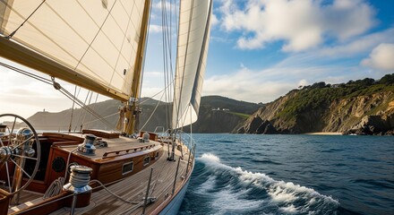 Obraz premium View from the wooden deck of a sailing yacht navigating moving waves next to a green hilly coast under a cloudy sky.
