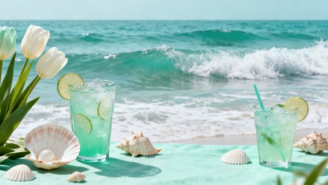 Beach drinks with flowers and shells