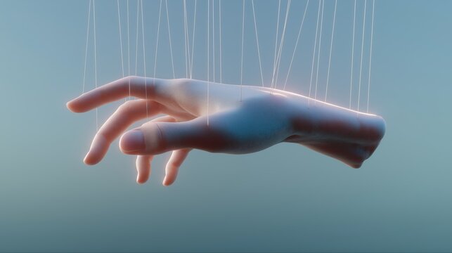 Human hand holding marionette strings connected back to itself in a closed loop of control within a minimal surreal space.