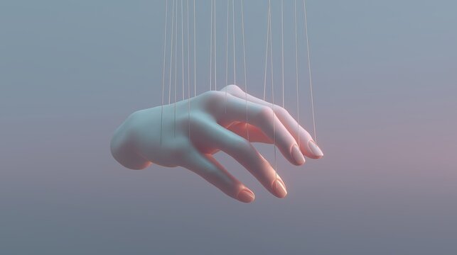 Human hand holding marionette strings connected back to itself in a closed loop of control within a minimal surreal space.