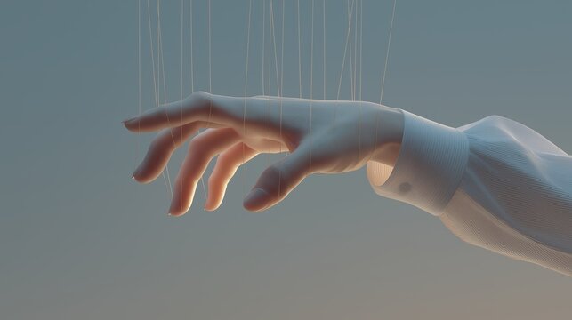 Human hand holding marionette strings connected back to itself in a closed loop of control within a minimal surreal space.