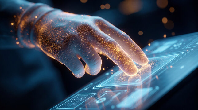 Futuristic digital touch interaction on tablet interface with glowing finger particles and holographic controls