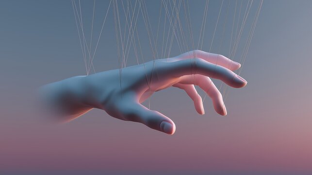 Human hand holding marionette strings connected back to itself in a closed loop of control within a minimal surreal space.