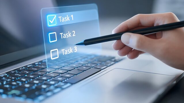 Hand holding pen over laptop with task list