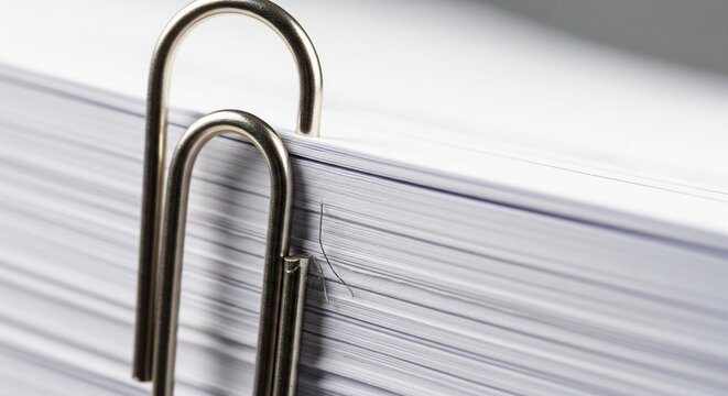 Close-up shot focusing on two metallic silver paperclips holding together a large stack of white office printer papers