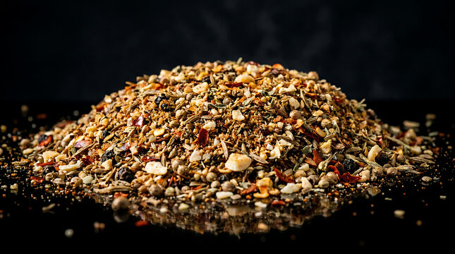 A detailed pile of mixed jerky seasoning blend with herbs and spices, ready for cooking