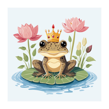 Cartoon Frog King on Lily Pad with Lotus Flowers