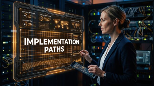 Businesswoman analyzing implementation paths on a futuristic holographic interface in a data center