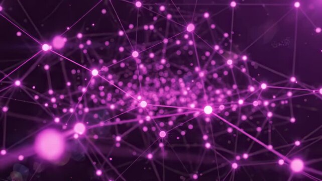 Flying through purple plexus network with glowing nodes and connected lines on dark background