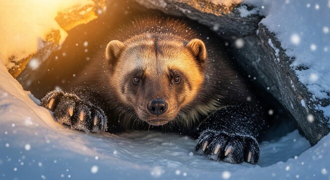 Close up portrait of a wolverine peeking from a snow cave during a winter blizzard snowfall