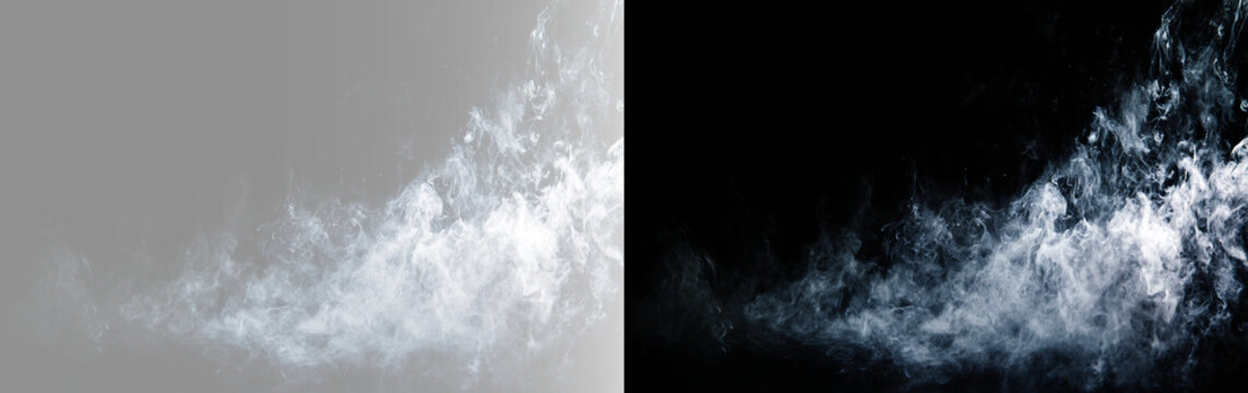 Realistic white smoke waves isolated on black and grey background, panoramic steam and fog overlay texture