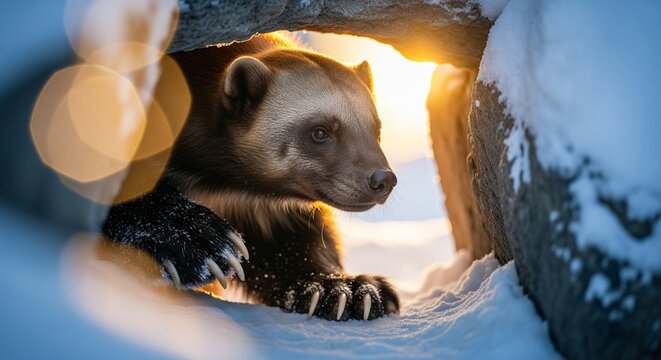 A wolverine looking out from its snowy den cave during a bright winter sunset.