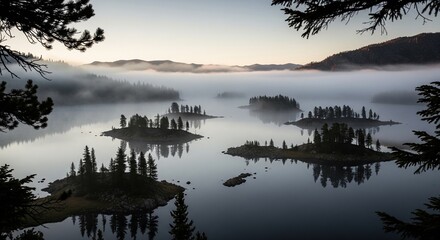 Fototapeta premium High angle view of a large calm lake with many small pine tree islands surrounded by low morning fog and mist under a soft sky