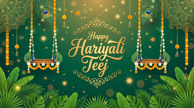 Hariyali Teej festival banner illustration with decorative swings and elegant floral festive background