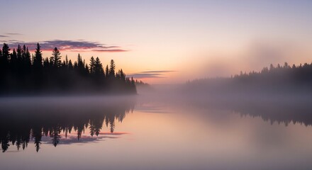 Naklejka premium A wide shot of a calm forest lake at sunset or sunrise with thick fog rolling over the water. Dark silhouettes of pine trees line the shore, reflecting perfectly in the still water.