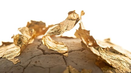 Fototapeta premium Dried cracked earth with golden leaf fragments scattered across surface, representing drought, environmental decay, climate change, and natural disaster themes for editorial and awareness campaigns.