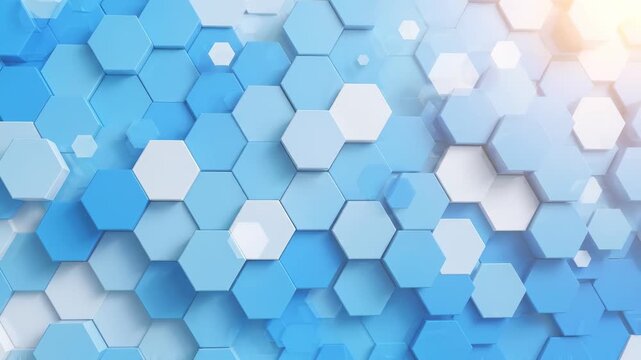 Blue 3D hexagon blocks moving in seamless honeycomb pattern with soft light flare