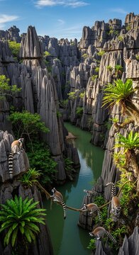 A beautiful canyon with tall, sharp gray stone cliffs and a green river flowing through it.