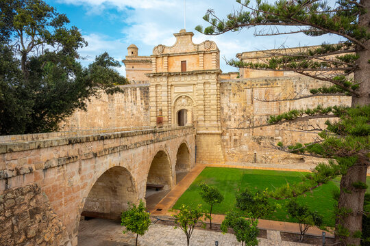 November 6,  2024 Valetta Malta. Mdina Gate, also known as the Main Gate or the Vilhena Gate, is the main gate into the fortified city of Mdina, Malta. It was built in the Baroque style in 1724 