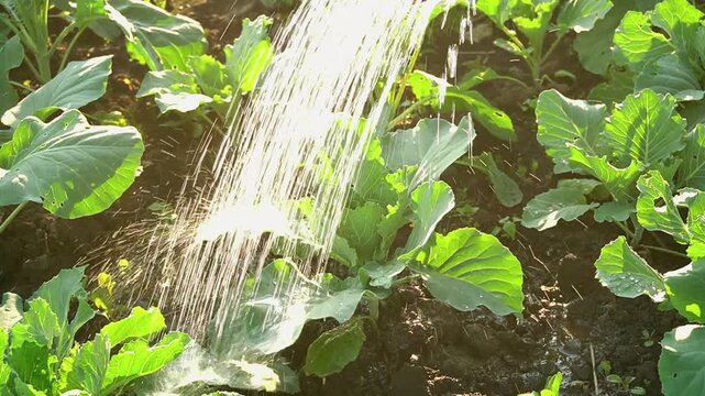 Watering fresh green cabbage plants in a sunlit garden, droplets cascading from a watering can onto the lush leaves and dark soil