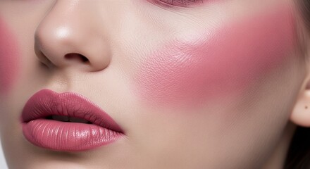 Fototapeta premium Close up of woman face with bright pink cheeks and matte lips.