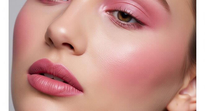 Beautiful woman with bright pink monochromatic makeup.