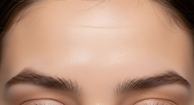 Close-up shot of a smooth female forehead and well-shaped eyebrows with eyes closed.