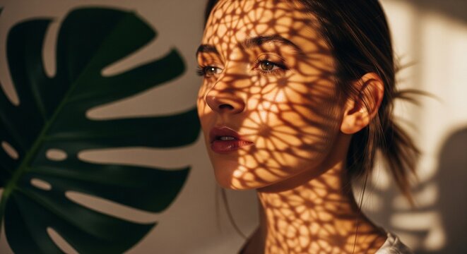Close-up portrait of a woman with geometric shadow patterns on her face.