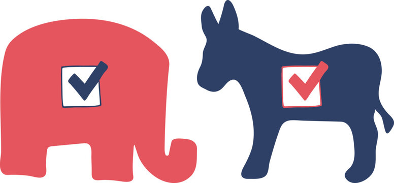 US Political Election Concept with Red Republican Elephant and Blue Democrat Donkey Silhouettes Featuring Voting Check Mark Icons Isolated on White Background
