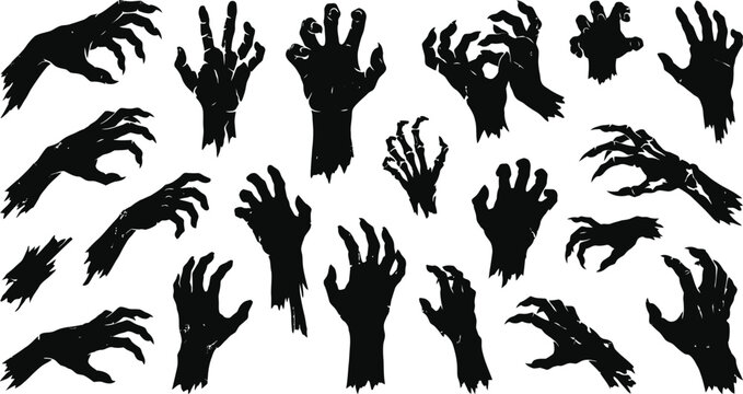 Collection of black creepy zombie hands reaching out on white background