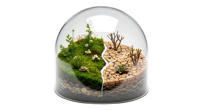 Terrarium with contrasting landscapes inside glass dome isolated on transparent background

