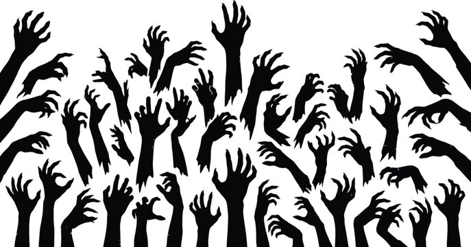Many black zombie hands silhouettes rising up on white background with silhouette