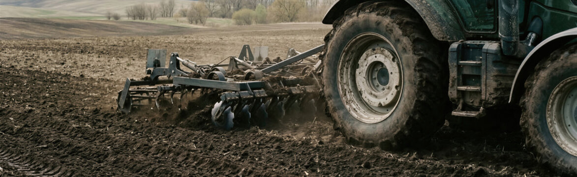 Tractor plowing field with cultivator in agricultural land. Machinery working on soil for cultivation. Modern farming technology for crop preparation. Banner with copy space
