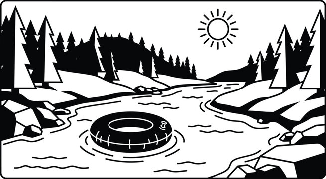 Simple black and white line drawing of a river scene with floating tube, floating