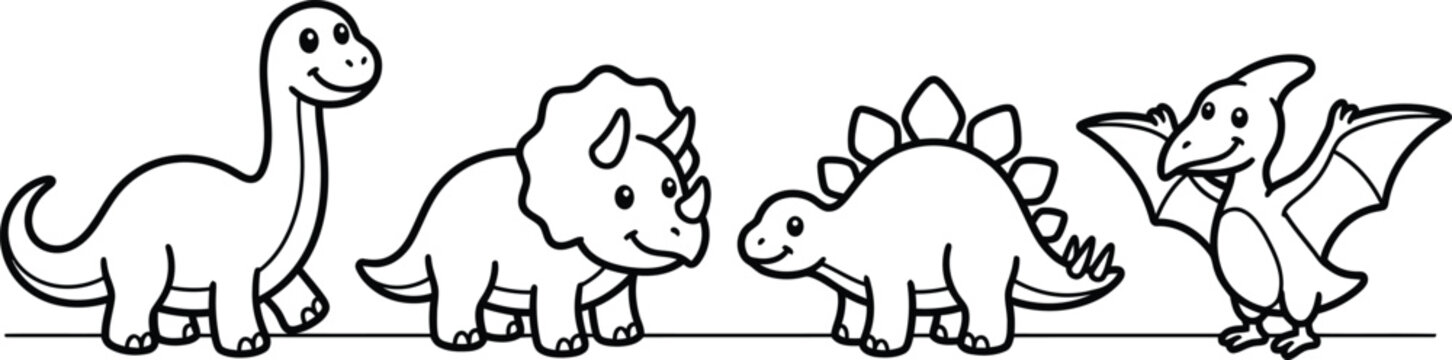 Cute cartoon dinosaur line art illustrations set with t rex dinosaur prehistoric