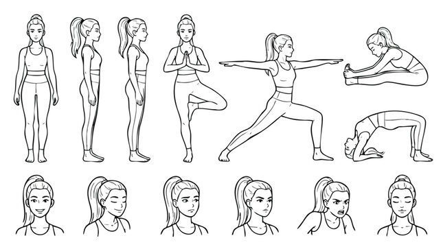 Yoga Poses and Facial Expressions Vector Illustrations of a Woman