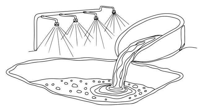 Molten metal pouring from ladle into mold with cooling spray nozzles, one continuous line art, metallurgy foundry industrial process