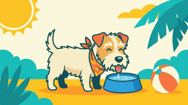 Playful cartoon terrier dog staying cool and hydrated, happily drinking refreshing water from its bowl on a vibrant summer beach day