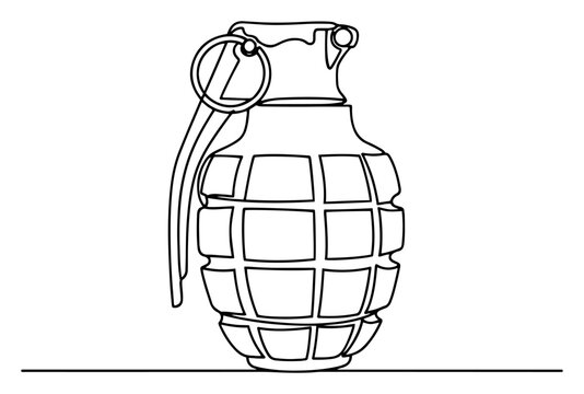 Military hand grenade explosive weapon, one continuous line art vector, army combat equipment and security threat concept