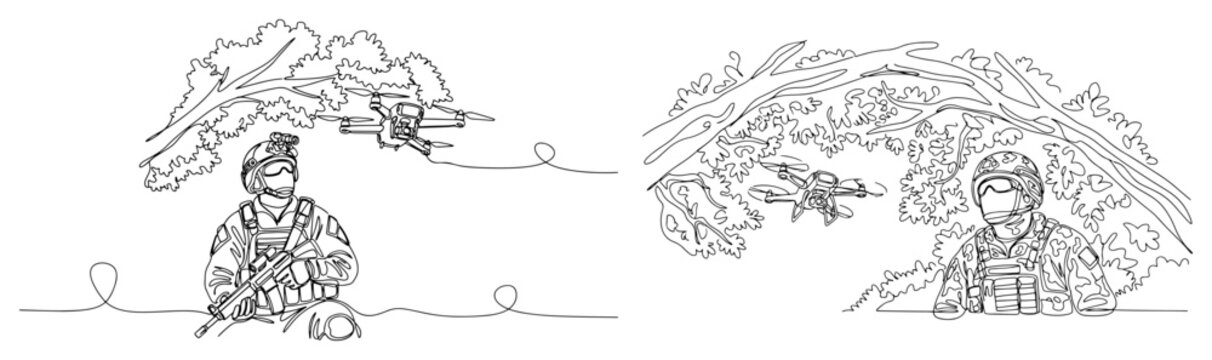 Soldiers operating tactical drones in forest, one continuous line art vector, infantry reconnaissance and stealth drone warfare