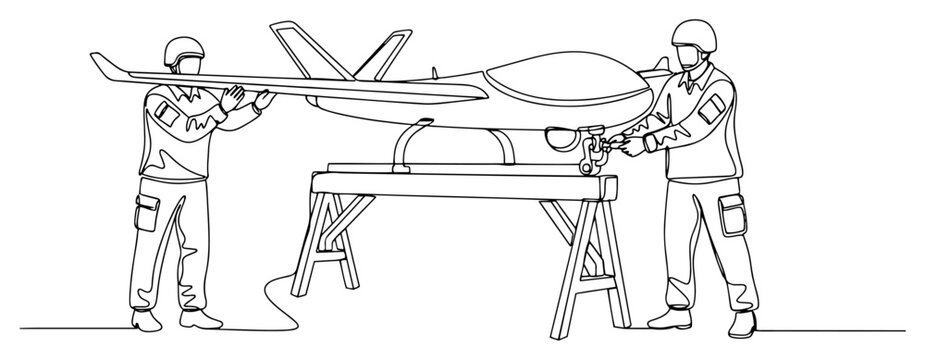 Technicians assembling military fixed wing UAV drone on workbench, one continuous line art vector, drone maintenance and aviation engineering